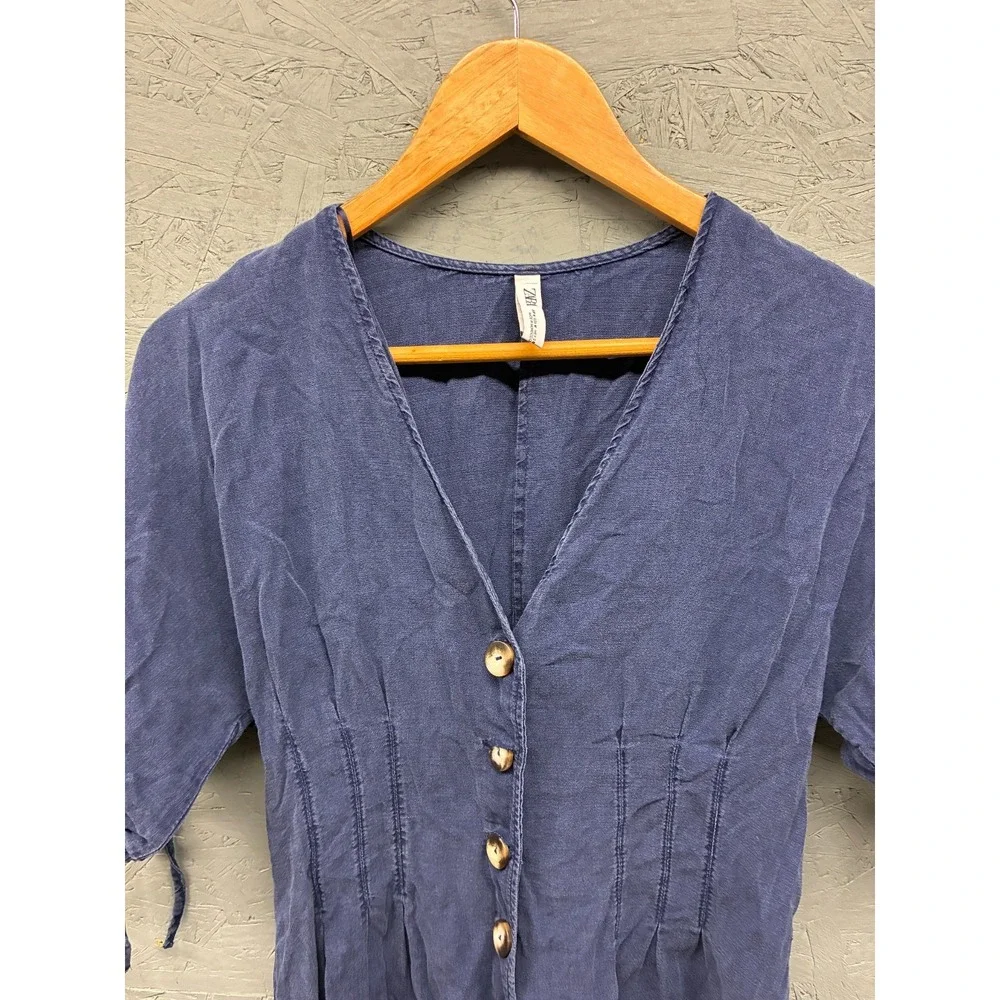 Zara Button Front Romper Womens M Navy Blue Short Sleeve Linen Blend Casual